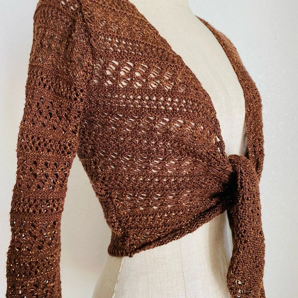 Tie-Front Sweater-Knit Bolero Top Y2K 90s Brown Metallic - Picture 8 of 11